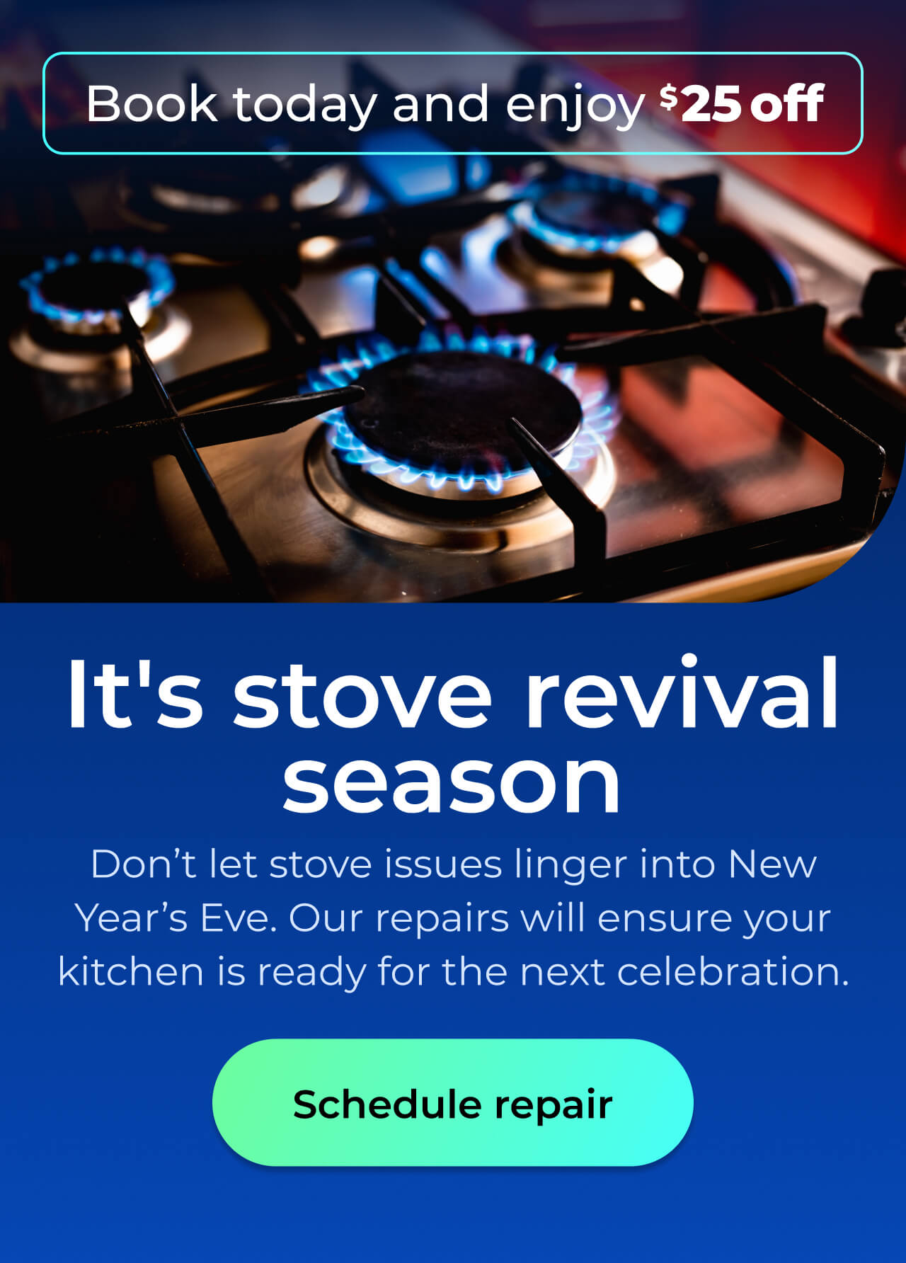It's stove revival season. Don’t let stove issues linger into New Year’s Eve. Our repairs will ensure your kitchen is ready for the next celebration. Book today and enjoy $25 off. Button: schedule repair