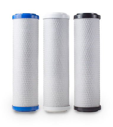 3 water filters positioned vertically in a row on a white background