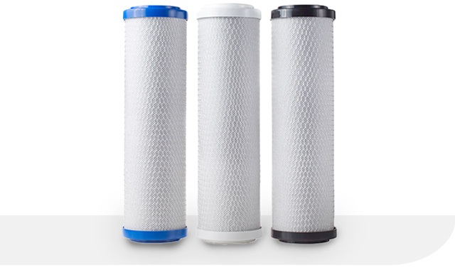 3 water filters positioned vertically in a row on a white background