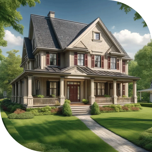 A beautiful suburban house with a lush green lawn