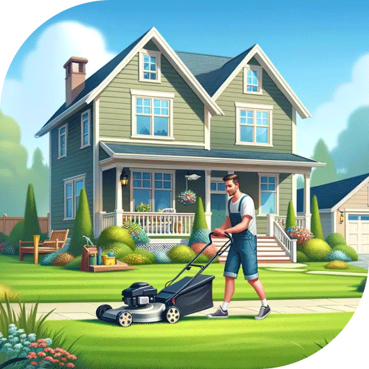 A beautiful suburban house with a man mowing a lush green lawn