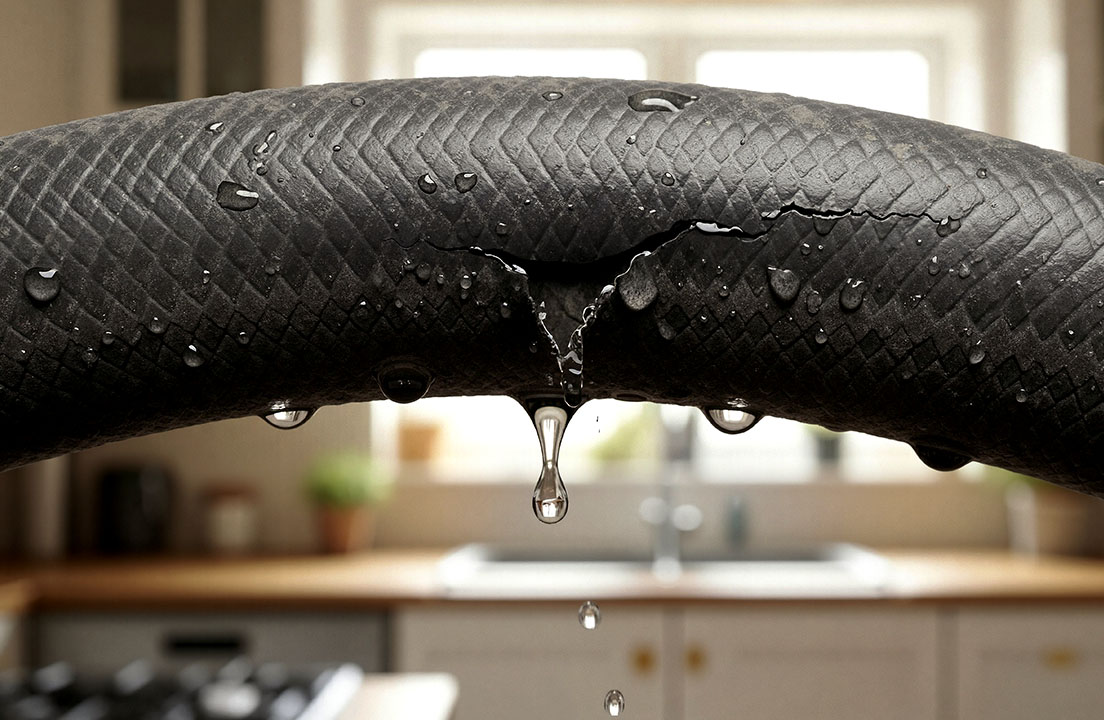 Close-up of a damaged rubber hose dripping water in a kitchen