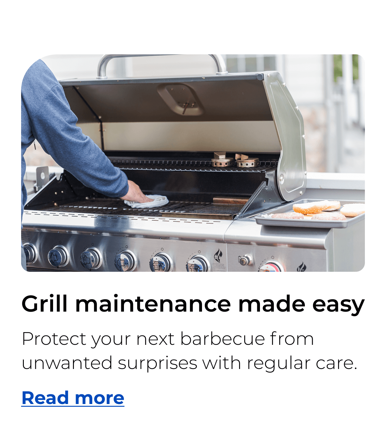 Grill maintenance made easy. Protect your next barbecue from unwanted surprises with regular care. Button: Read more
