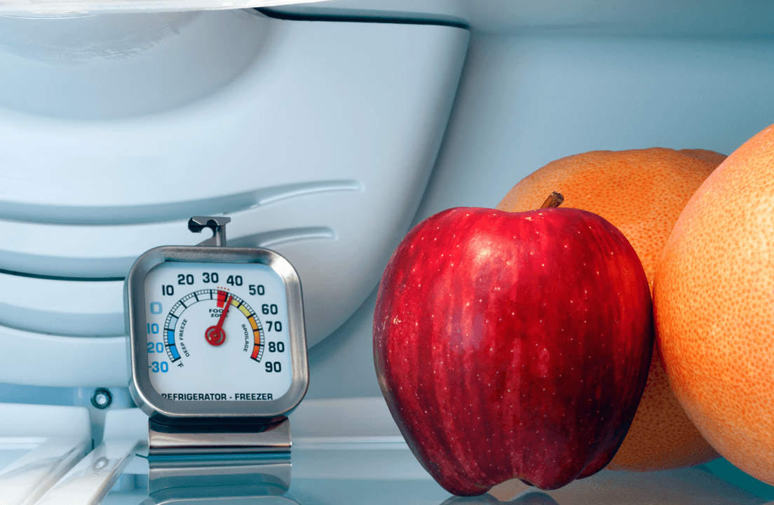 A group of fruit in a fridge next to a thermometer