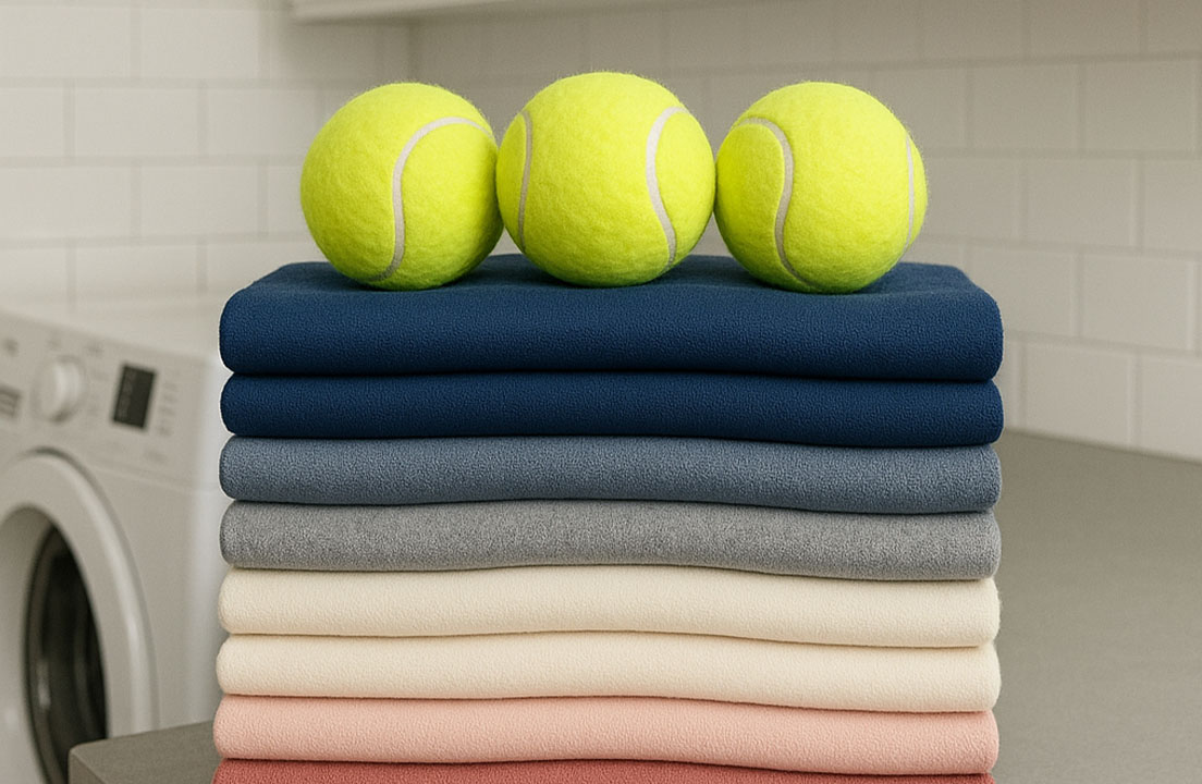 Three tennis balls sit on top of a neatly folded stack of laundry in a bright laundry room