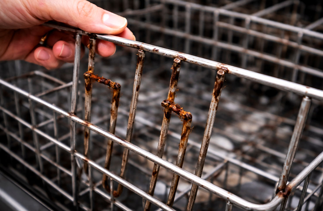 Close up of a dishwasher rack showing rusted tines and corrosion buildup on the metal