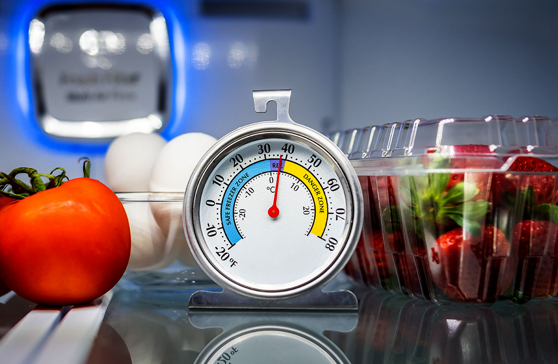 A refrigerator thermometer sits between fresh produce and eggs inside a fridge