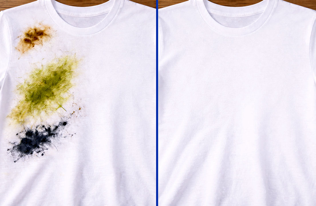 A side by side image shows a stained white T shirt on the left and a clean white T shirt on the right, separated by a blue line