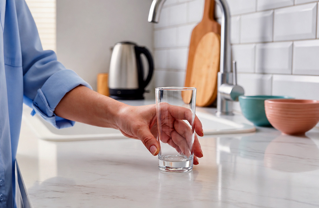 A person sets an empty drinking glass on a clean kitchen countertop near the sink