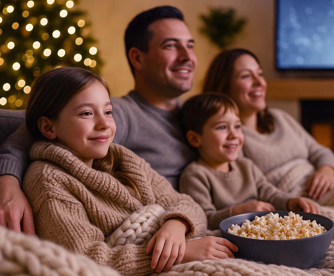 A family of four snuggles together on a sofa under chunky knit blankets, smiling as they watch a holiday movie and share a bowl of popcorn