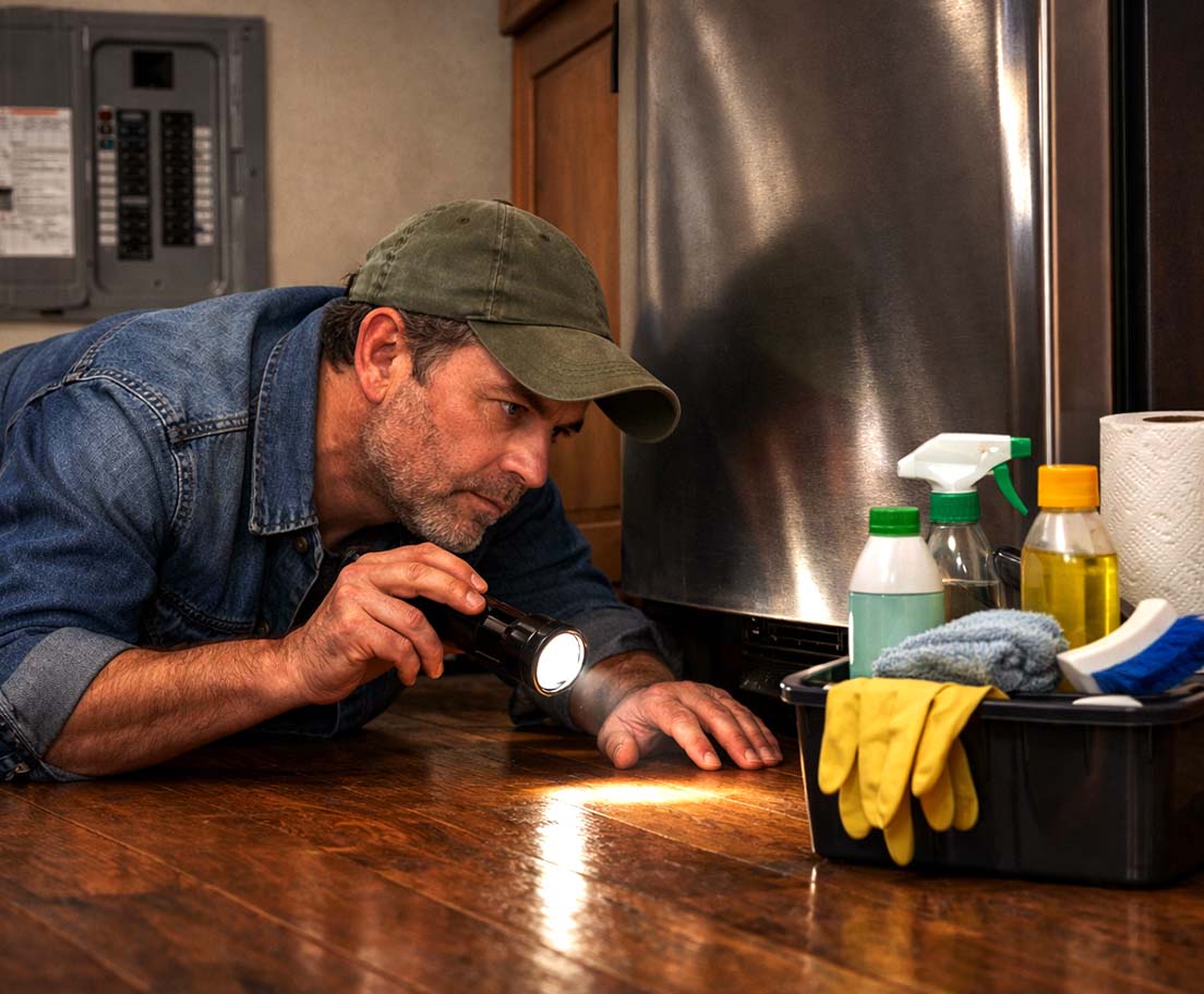 Homeowner in a denim jacket uses a flashlight to check under a refrigerator, with a breaker panel and cleaning supplies nearby