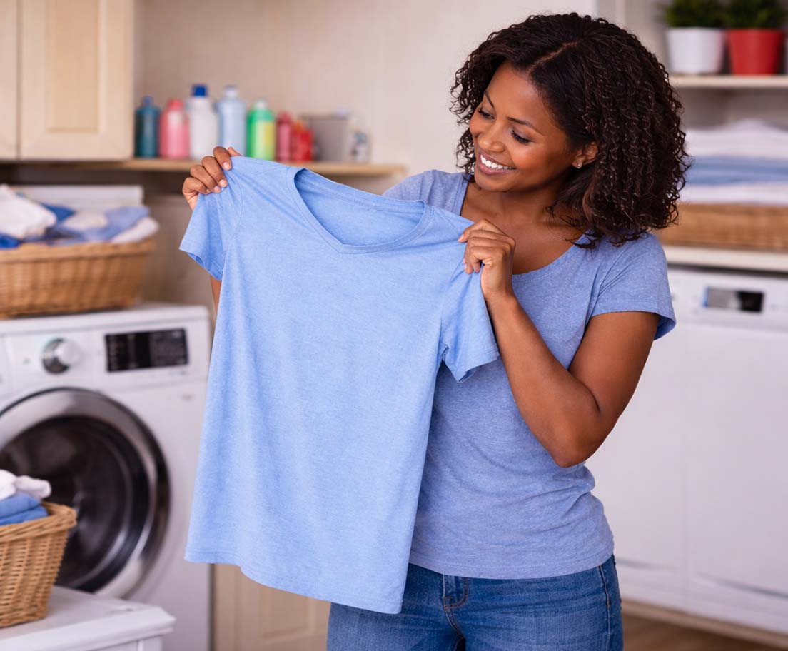 A woman in a laundry room holds up a blue T shirt and smiles at it