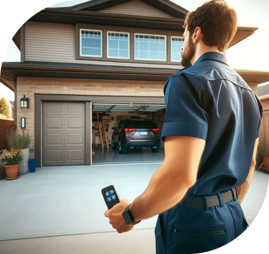Technician troubleshooting power issues with a garage door opener outside a home