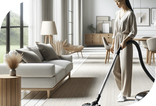 A wide shot of a modern family room with a woman in a beige outfit vacuuming the room