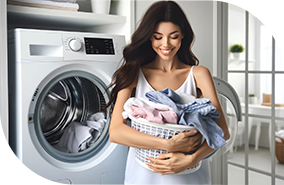 A woman holding a basket of clothes and smiling as she's walking away from her dryer