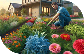A man that is kneeling while tending to his garden
