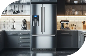 Modern kitchen with a fridge in the middle