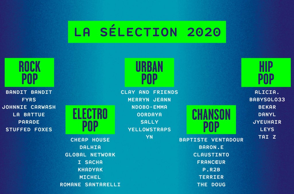 La sélection 2020 : Rock Pop / Electro Pop / Urban Pop / Chanson Pop / Hip Pop