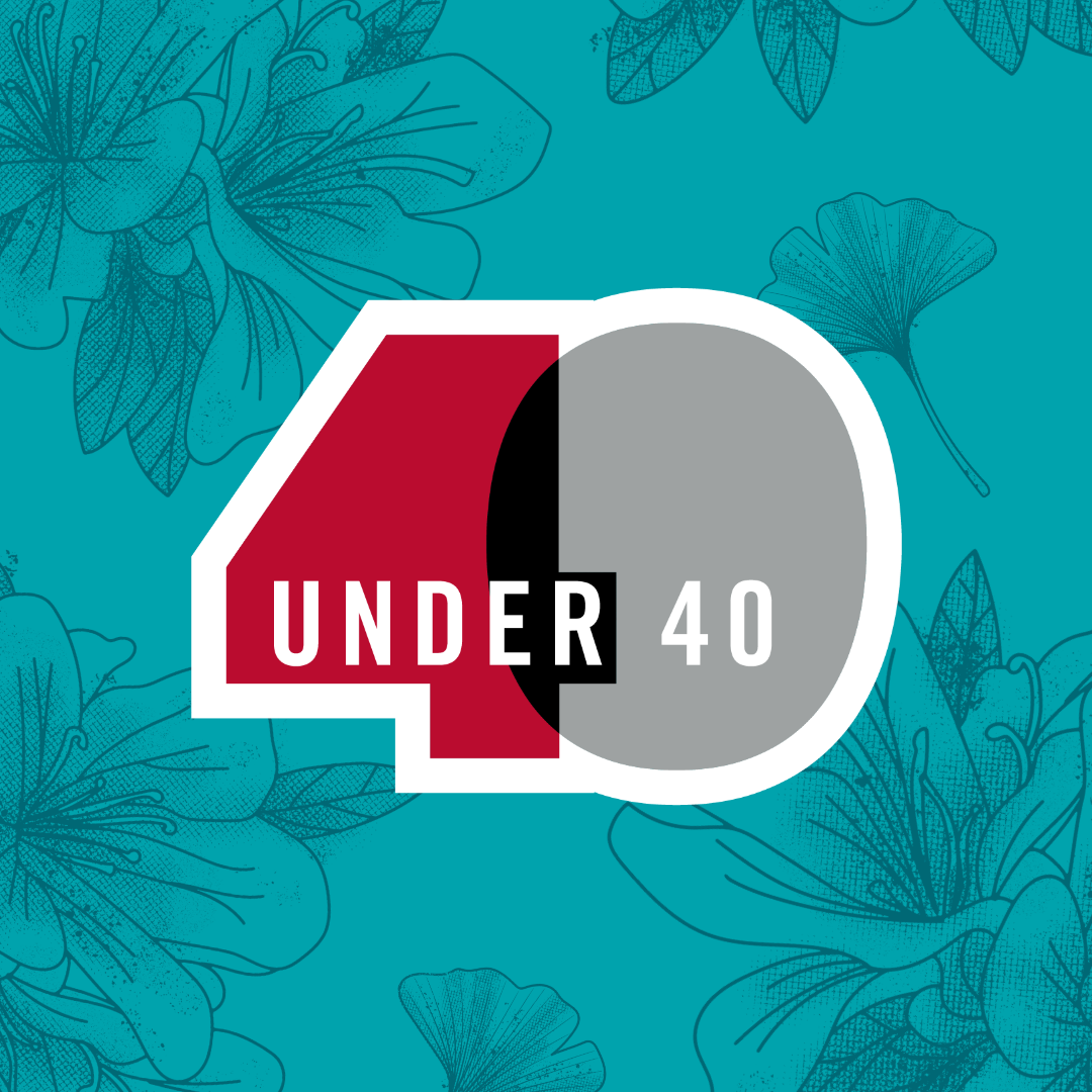 40 Under 40 Logo on a teal back ground