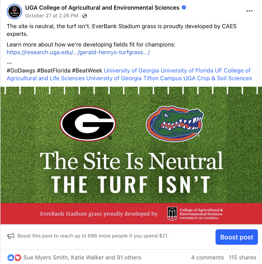 A graphic with the super G and florida gators logo, with the words the site is neutral the turf isn't.