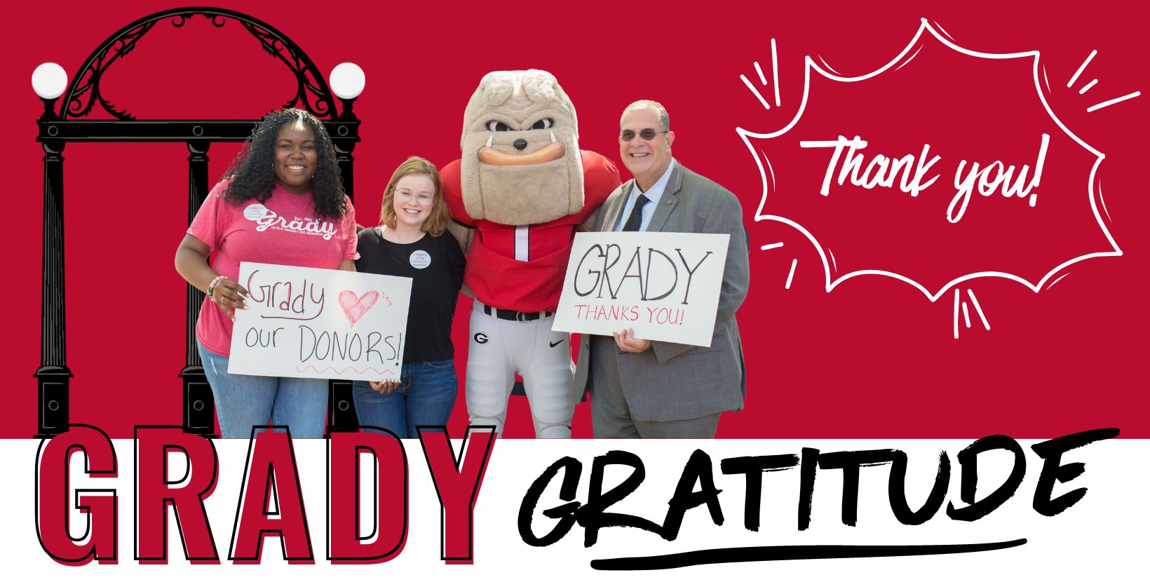 Dean Davis, Hairy Dawg, and students express their Grady Gratitude