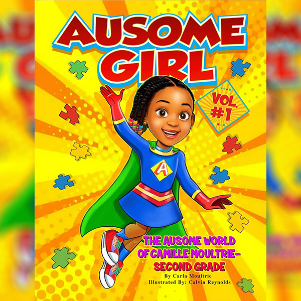 Cover of ''Ausome Girl'' book featuring a little girl in a blue superhero costume