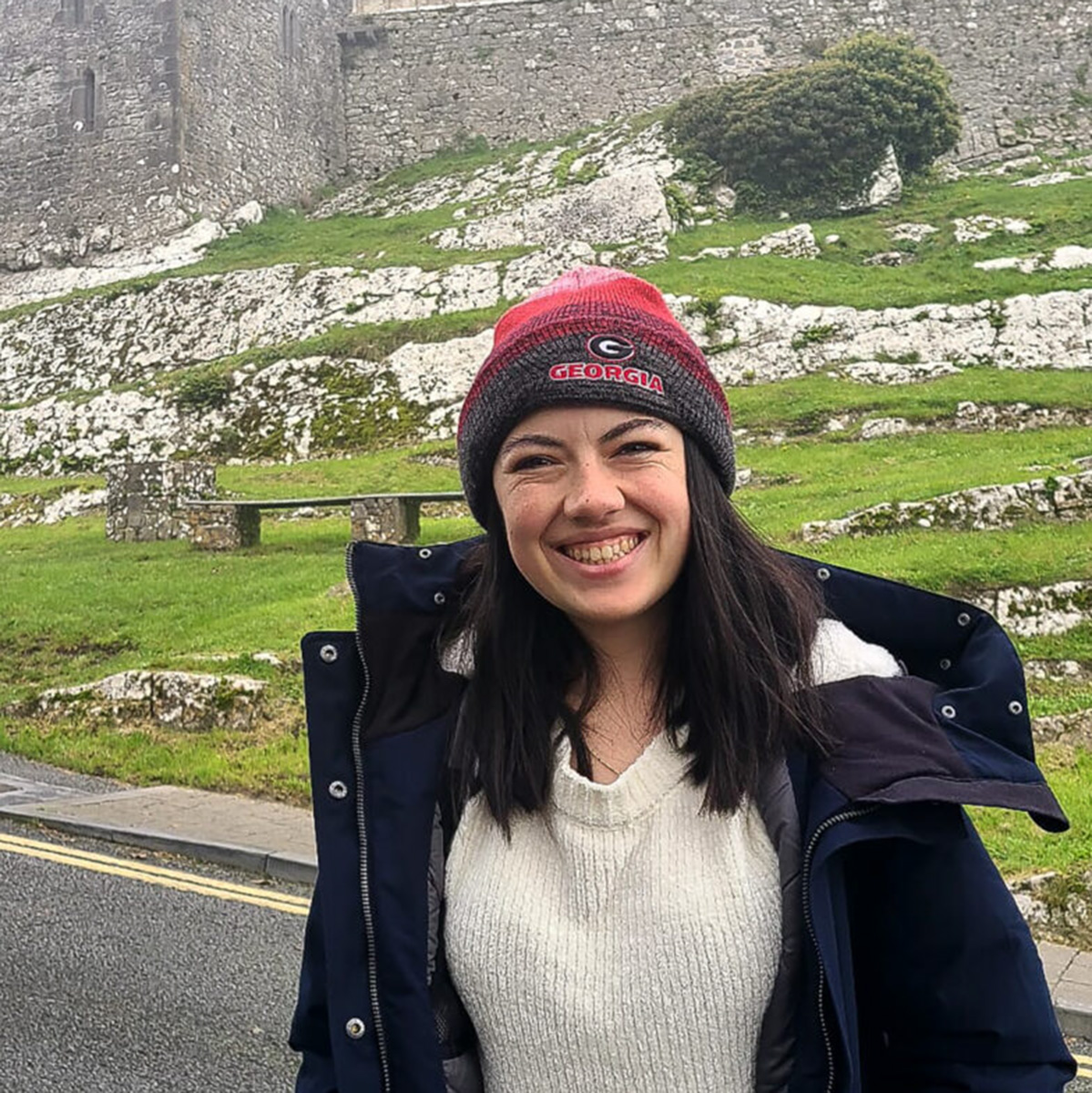 Maeve Breathnach in front of the Rock of Cashel in Tipperary