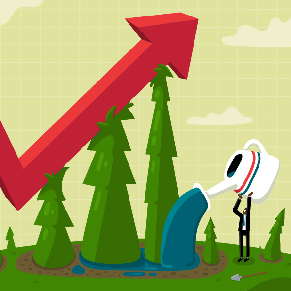 An illustration of an executive watering a forest with stock graph arrow headed up into the sky