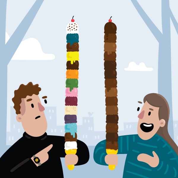 An illustration of two people eating tall ice cream cones, one with all chocolate and the other with a variety of flavors