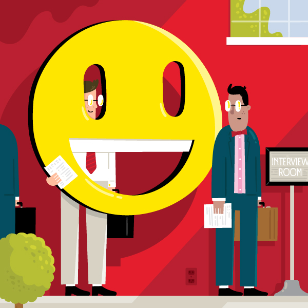 Illustration of man standing in an employment line hiding behind a giant smiling face mask so that he seems nicer.