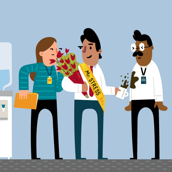 An illustration of a man in an office break room wearing a beauty contest sash that reads ''Mr. Stress''