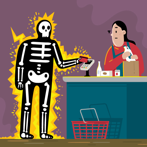 Illustration of man being electrocuted by credit card reader while standing at a grocery checkout counter.