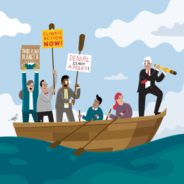 Shareholders holding climate change protest signs yelling at a worried-looking executive as he stands at the bow of a rowboat.