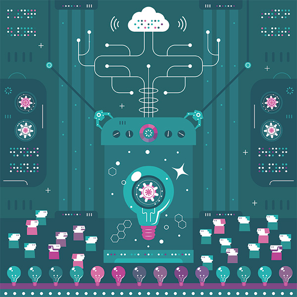 Illustration of a crowd of people around a lightbulb, representing a new idea. 