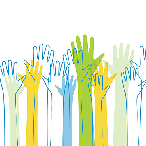 Illustration of raised hands in green, blue and yellow. 