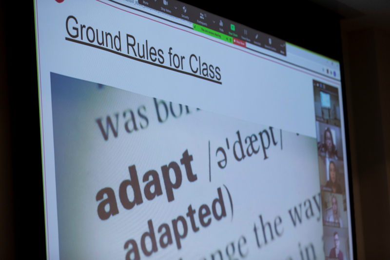 Zoom screen: ''Ground Rules for Class: Adapt''.